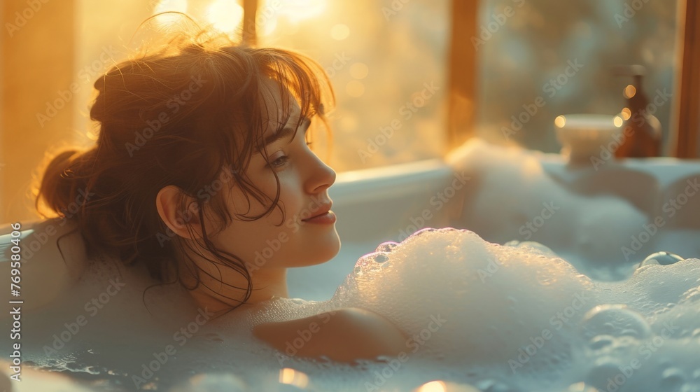 Woman enjoying a relaxing bubble bath in a bathtub surrounded by bubbles and steam, creating a serene atmosphere Woman enjoying a relaxing bubble bath in a bathtub surrounded by bubbles and steam, creating a serene atmosphere