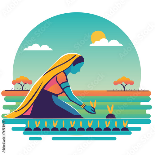 Indian woman farmer planting paddy in the field