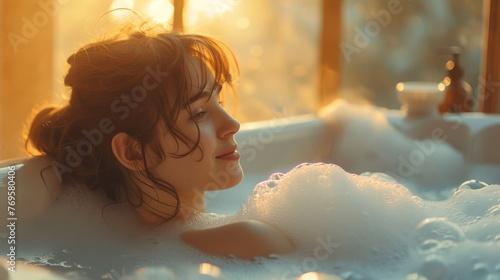 Woman enjoying a relaxing bubble bath in a bathtub surrounded by bubbles and steam  creating a serene atmosphere