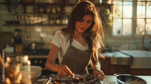 Young woman making artisan chocolate in kitchen filled with natural light. Baker or chocolatier preparing chocolate bonbons. World chocolate day concept. Generative ai