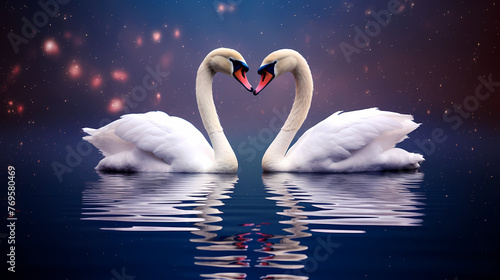 White swans in love on peaceful water background © jiejie