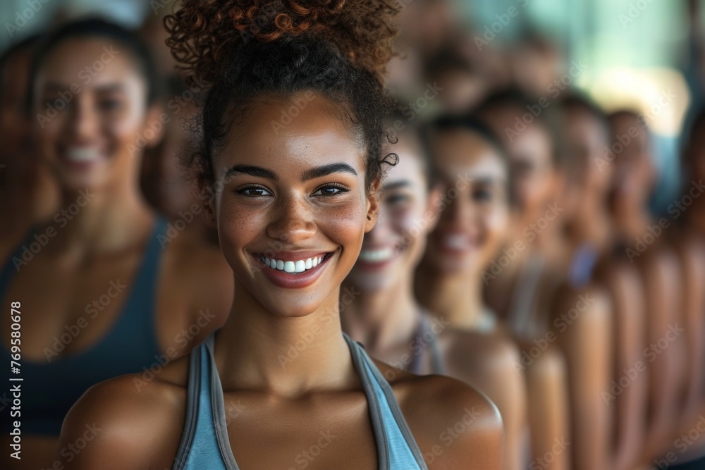 Fototapeta premium Diverse group of happy young women exercising together and smiling at the gym during wellness class