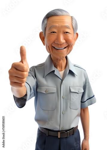3d style illustration of asia old man in office worker uniform with smile, he is Thumbs Up, isolated on transparent background
