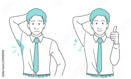 【脇汗、夏の蒸れに悩む男性のビフォーアフターイメージイラスト