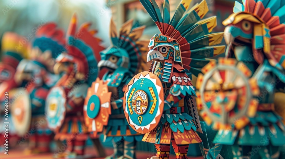 Fototapeta premium Origami Paper Town: Aztec Warriors in Battle Essence