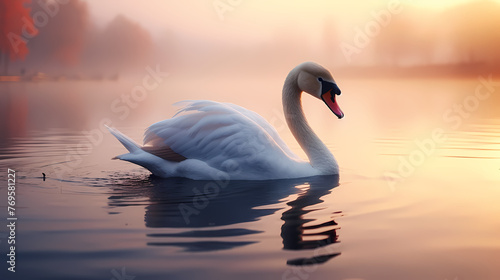 White swans in love on peaceful water background