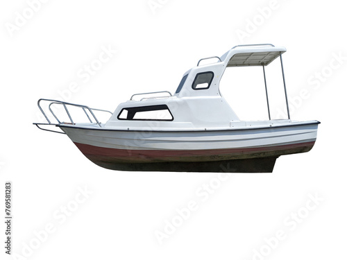 White small motor boat with plastic cabin sunshade and metal rails full frame side view isolated on white