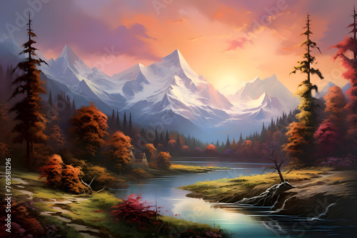 Majestic Mountain Range Painting. generative ai © Niko
