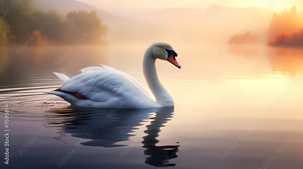 White swans in love on peaceful water background White swans in love on peaceful water background