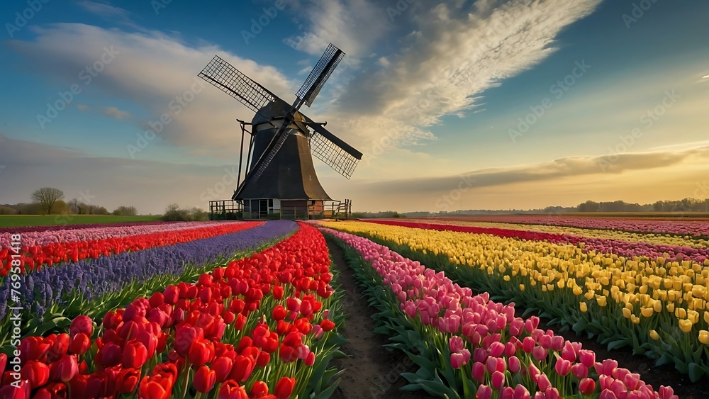 landscape of blooming colorful tulip field, traditional Dutch windmill and blue cloudy sky