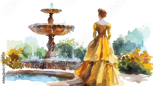 Vintage lady by the fountain watercolor Flat vector isolated