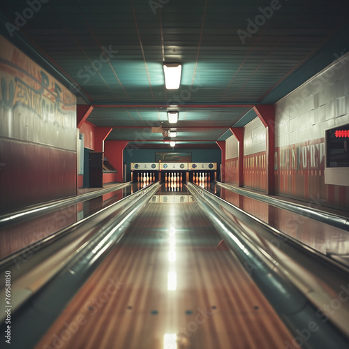 Retro Bowling Alley Interior with Shiny Lanes and Vintage Vibe