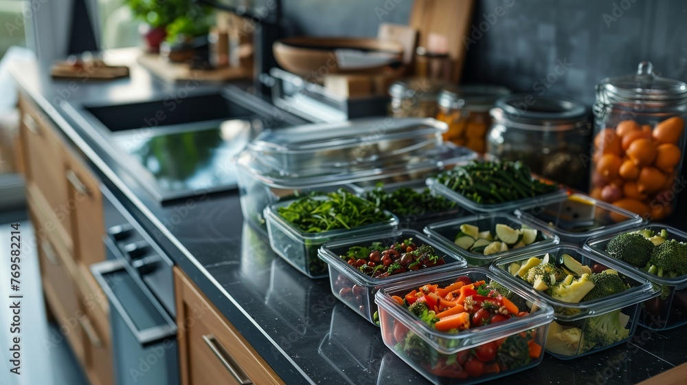 Preparing healthy food in containers for the work week for large family. Fitness meal prep containers with veggies. Preparing balanced menus on lunch boxes. Time planning concept. Generative ai