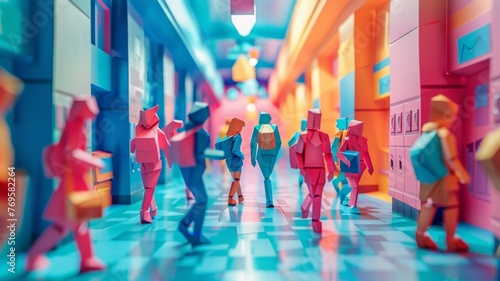 Origami Paper Town: Bustling School Hallways Essence