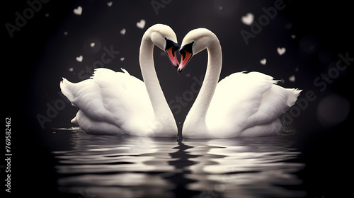 White swans in love on peaceful water background photo