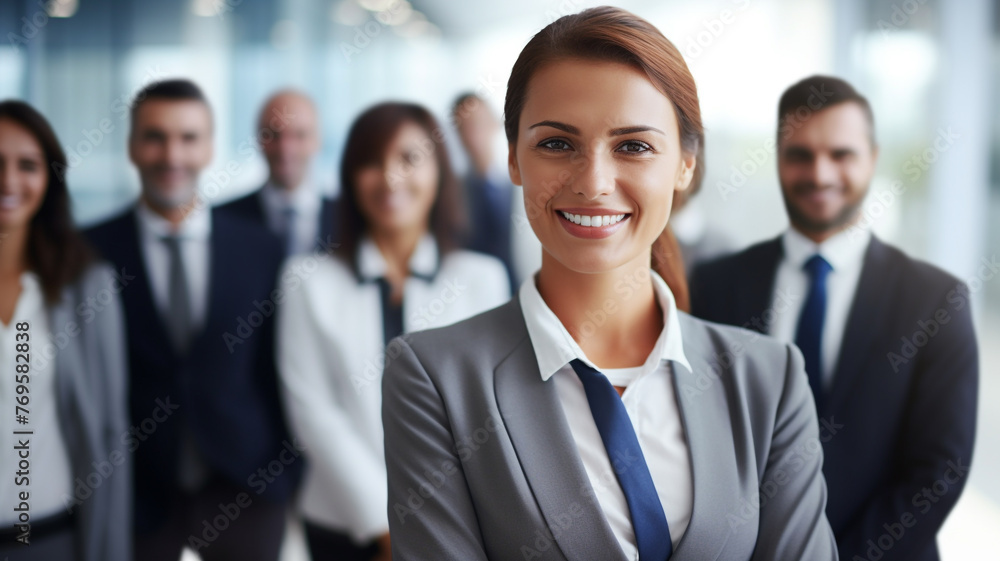 smiling business people standing and discussing business in office