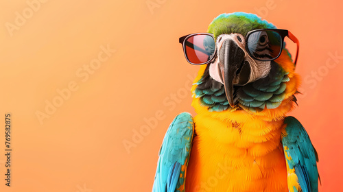 Exotic bird macaw parrot wearing sunglasses on isolated orange background photo