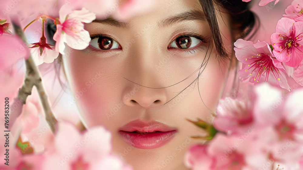 Fototapeta premium face of a beautiful Asian woman with pink cherry blossoms