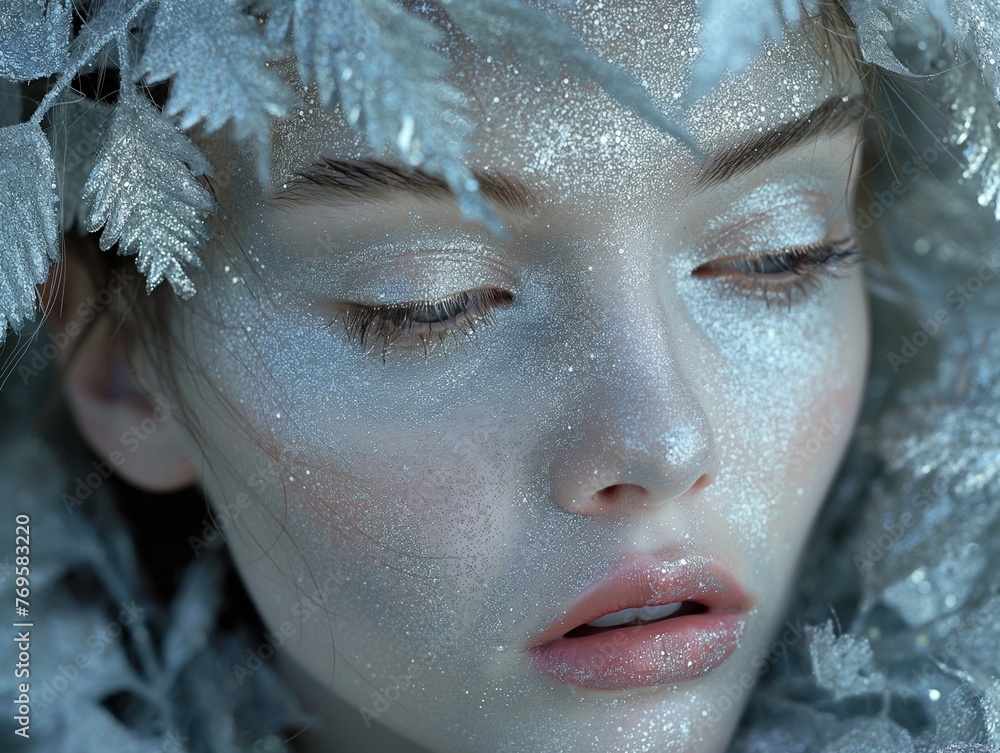 Silver Paint smudges drips from the face lip, Silver metallic skin make-up, makeup close up Silver Paint smudges drips from the face lip, Silver metallic skin make-up, makeup close up