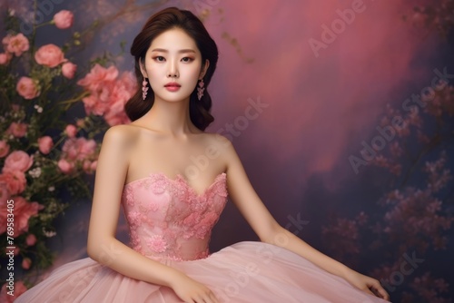 Full body portrait of lovely lady posing with pink dress. Close up portrait of a fashion woman in beautiful pink dress. Generative AI.