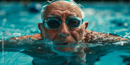 An elderly man swims in the pool. Healthy lifestyle