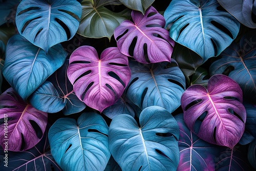 Creative fluorescent color layout made of tropical leaves. 