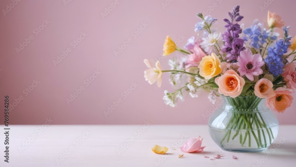 bouquet of flowers placed in clear glass vase against soft pink background, some flower petals scattered on white surface. concepts: celebration and events, emotional well-being, home decor, spring.