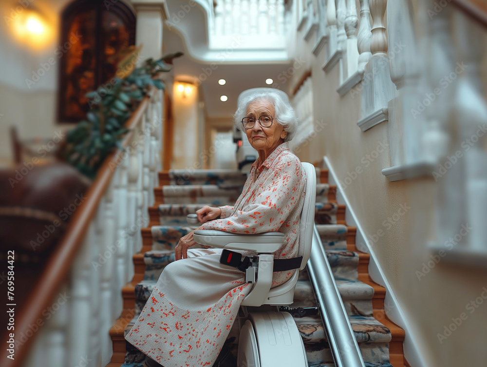 A pensioner rides a stair lift up a flight of stairs, AI generated - obrazy, fototapety, plakaty 