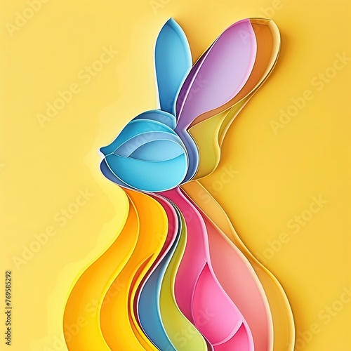 Colorful Paper Bunny on Yellow Background. Cheerful Papercraft Collage for Kids. Happy Easter Concept.  © Mladen