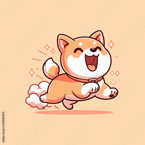 Joyful Shiba Inu running happily on orange background.