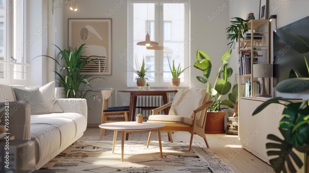 Modern Scandinavian apartment living room interior design. Bright white style. Generative AI Modern Scandinavian apartment living room interior design. Bright white style. Generative AI