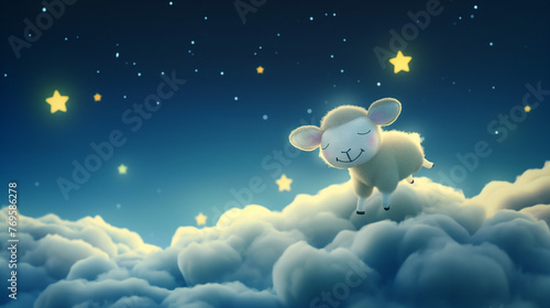 Cute sheep floating among clouds and stars. Whimsical bedtime and dreamscape concept. Design for children's book illustrations, sleep aid products, and nursery room decor.