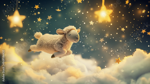 Dreamy image of a sheep floating among clouds and stars. Whimsical bedtime and dreamscape concept. Design for children's book illustrations, sleep aid products, and nursery room decor. photo