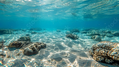 an underwater view of rocks and corals in the ocean