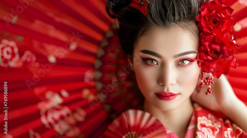 Attractive geisha in red kimono holding a red fan