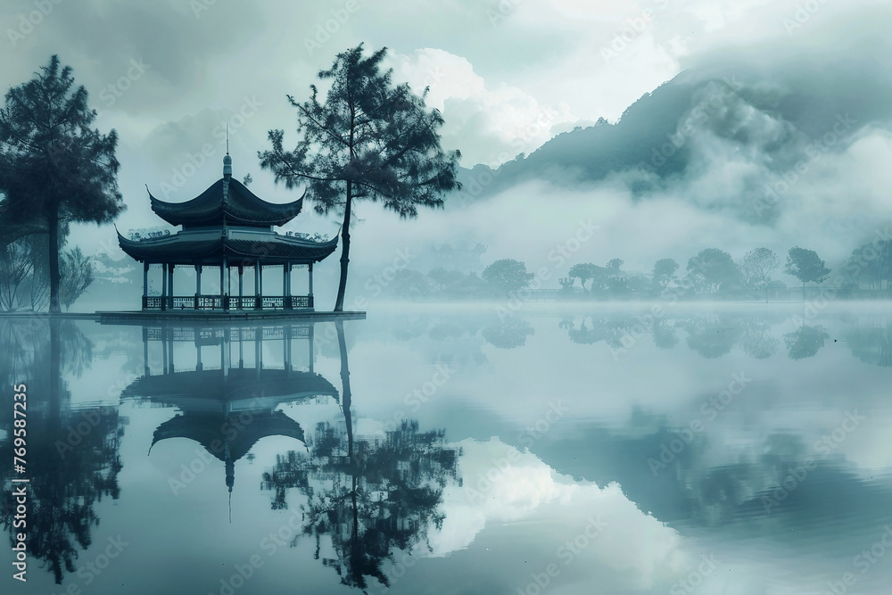 calm lake reflecting an ancient pavilion and tall trees standing beside it
