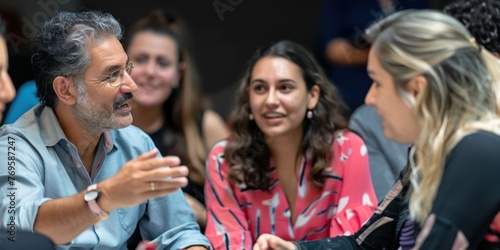 A group of coworkers having a discussion during a team-building exercise. 