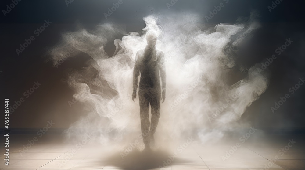 Silhouette of a human soul behind the smoke. Haunted scary background. Generative AI Silhouette of a human soul behind the smoke. Haunted scary background. Generative AI
