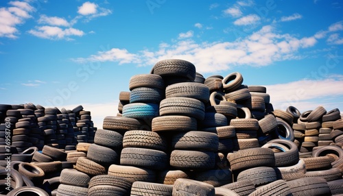 stacked used car tires against a vibrant blue sky at a tire recycling facility, highlighting the contrast between the worn out tires and the pristine sky