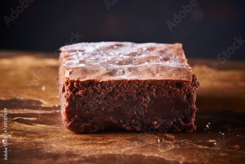 Juicy brownie on a slate plate against a pastel painted wood background photo