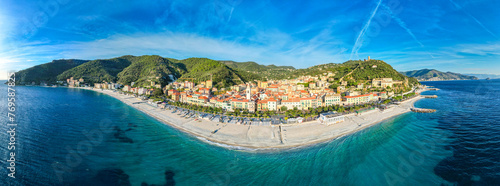 Celle  Ligure - Italy - Aerial view of the beautiful Italian mediterranean village of Finale Ligure at sunrise