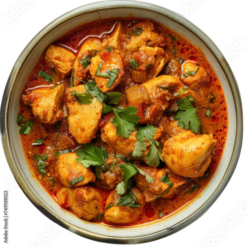 Chicken Vindaloo with spinach in black bowl isolated on white or transparent background . Portuguese Influenced Indian dish made by cooking chicken in vindaloo spice paste.