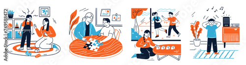 Mother and father taking care of children with autism scene set