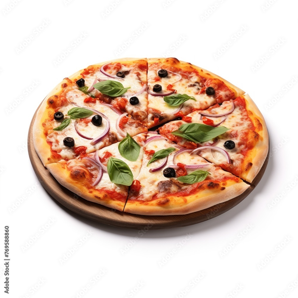 Delicious pizza served on wooden plate isolated on white Delicious pizza served on wooden plate isolated on white