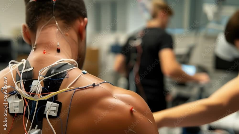 In the physiology lab a group of athletes are fitted with various ...
