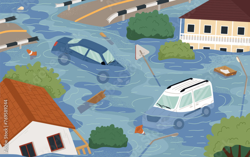 Damaged cityscape with floating transport on flooded street