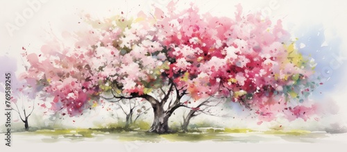 A beautiful watercolor painting of a cherry blossom tree with delicate pink flowers  capturing the natural landscape with detailed petals  twigs  and grass
