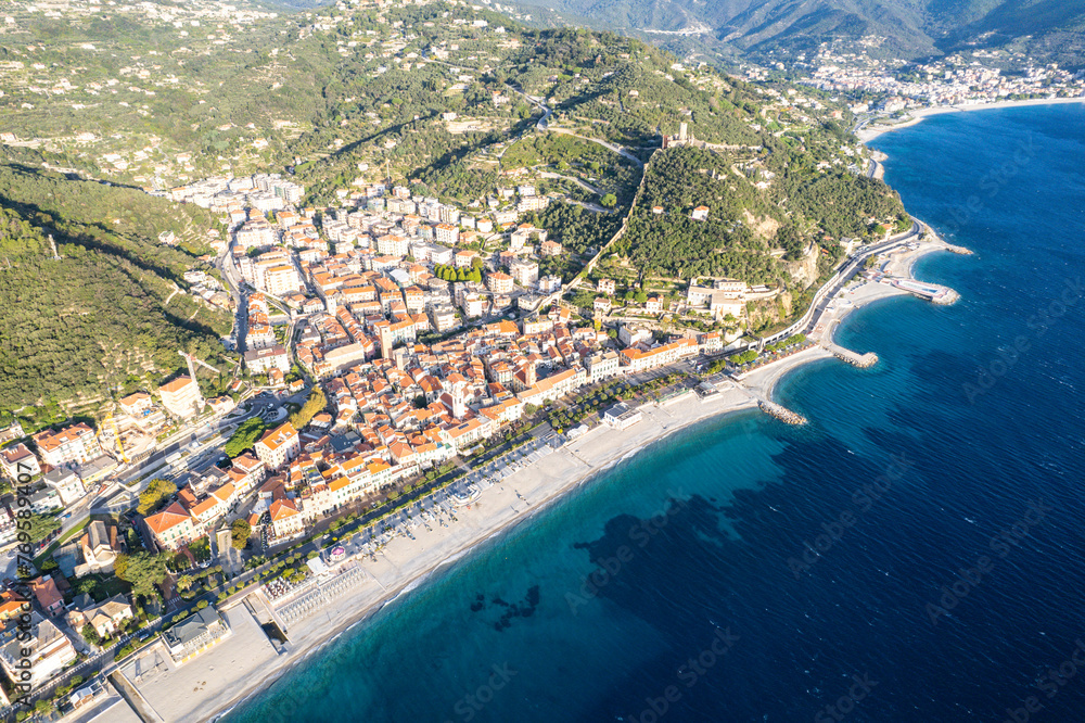 Celle, Ligure - Italy - Aerial view of the beautiful Italian mediterranean village of Finale Ligure at sunrise