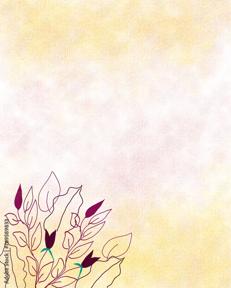 background illustration with a yellow and red background, and the sides of the bottom and top corners are dark red leaves and flower buds
