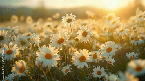 Golden Hour Sunlight Shining Through Daisy Meadow 